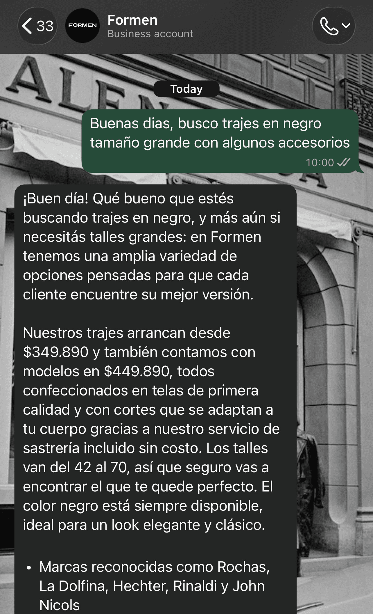 Conversación real de WhatsApp con un asistente de IA para atención de clientes de Formen
