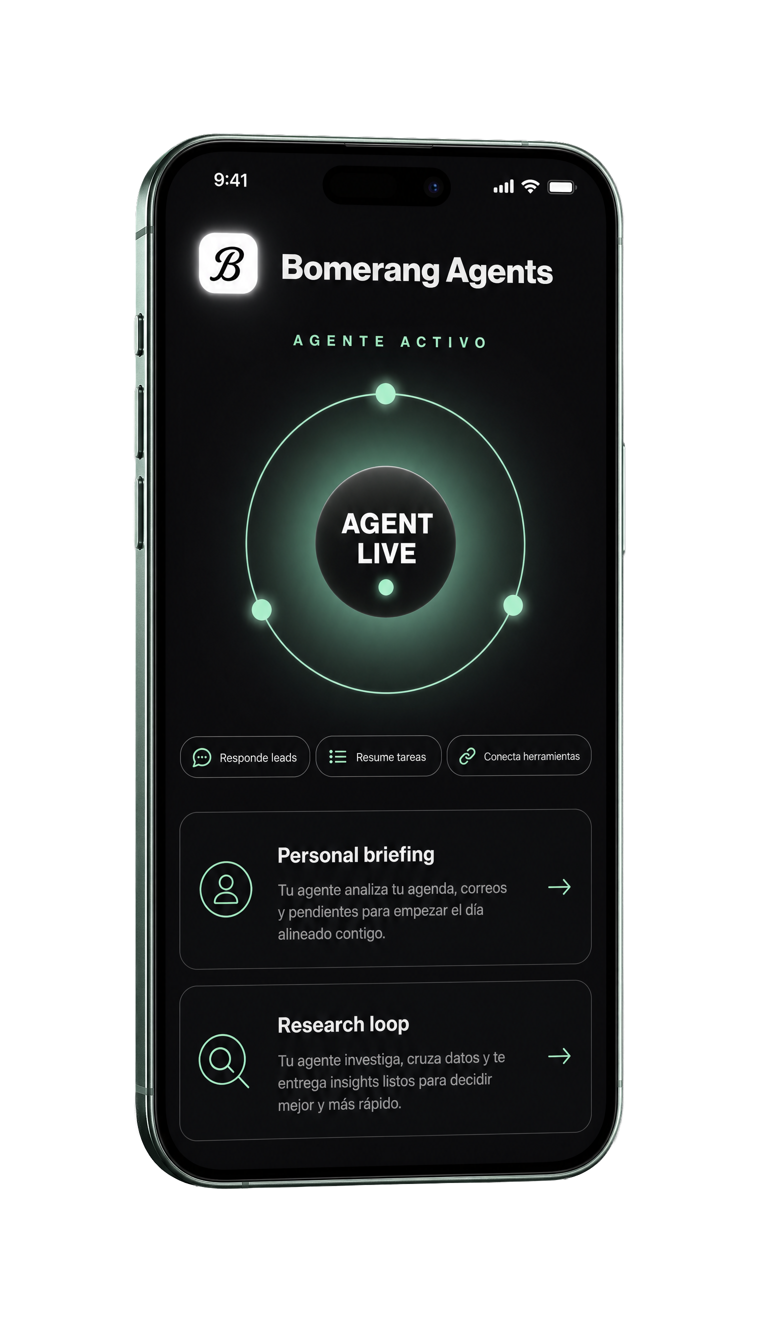 Pantalla de Bomerang Agents mostrando un agente activo y sus tareas de briefing y research
